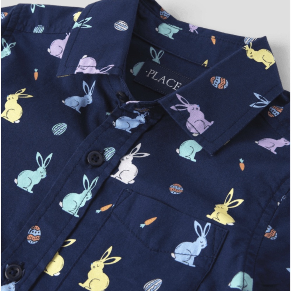 Children's Place Boys Navy Blue Easter Bunny Poplin Button Up Shirt size 7/8 - Picture 4 of 5